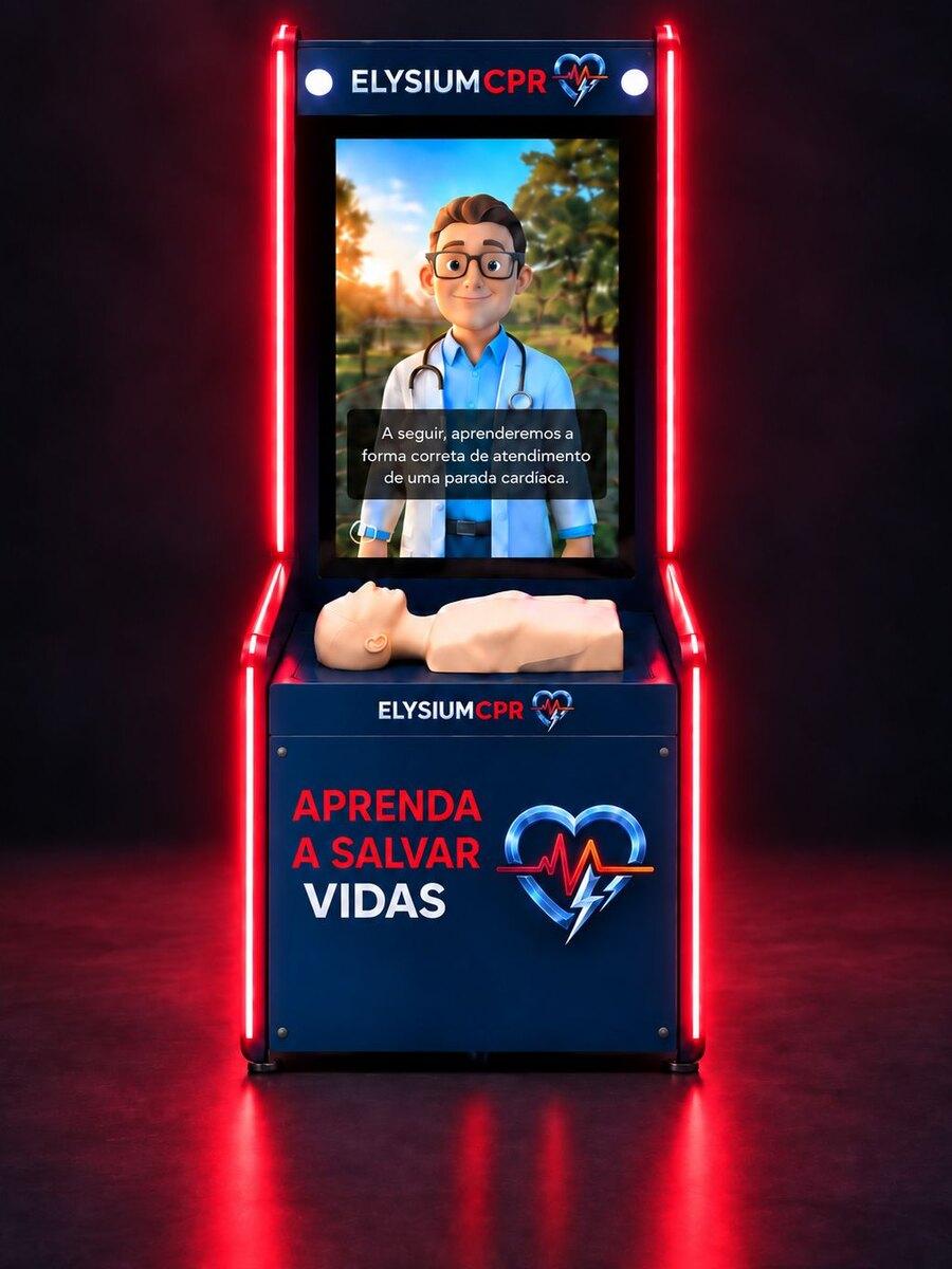 Vista frontal do totem Elysium CPR: gabinete azul-marinho com bordas de LED vermelho, tela vertical com o Instrutor Digital, manequim deitado e a frase Aprenda a salvar vidas