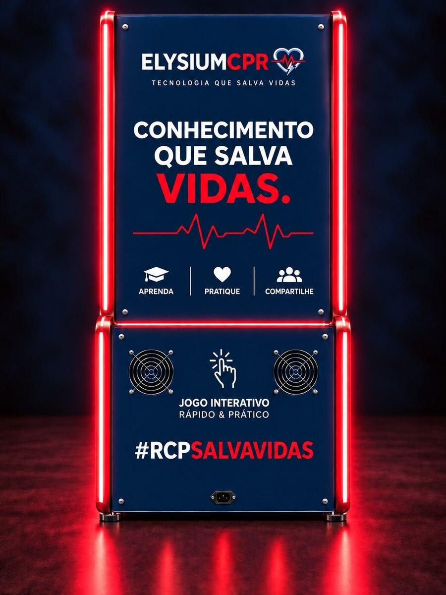 Vista traseira do totem Elysium CPR: Conhecimento que salva vidas