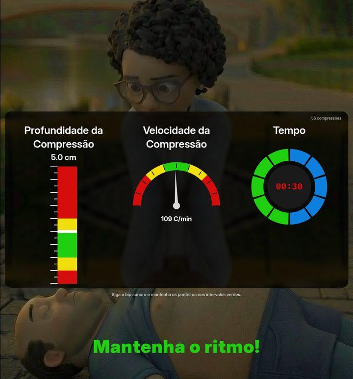 Tela real do totem durante as compressões: mostradores de profundidade, velocidade e tempo, com a mensagem Mantenha o ritmo