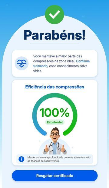 Tela real do totem: Parabéns, eficiência das compressões 100%, botão Resgatar certificado